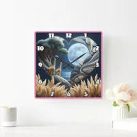 Giraffes under the full moon by the shore square wall clock