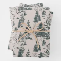 Moody Vintage Dark Green & Sepia Winter Woodland  Wrapping Paper Sheets