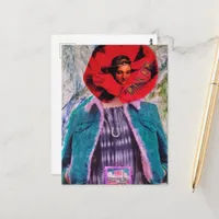 Relax Red Floral Woman Mixed Media Collage Postcard