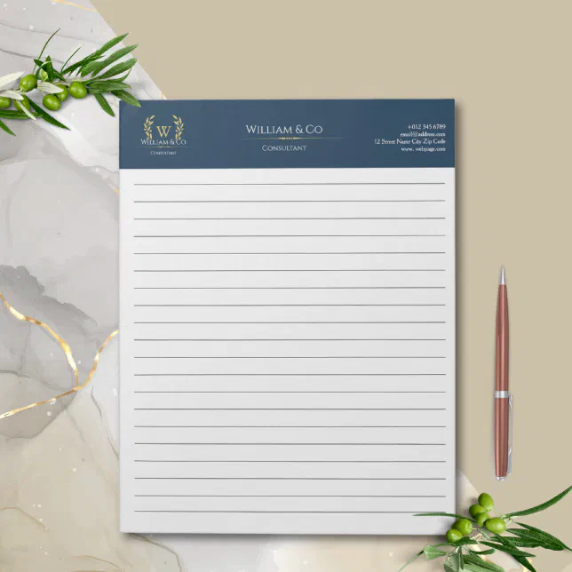 Classic Laurel Wreath Navy Blue Gold Monogram Notepad