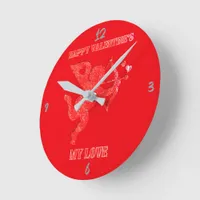 Minimalist Happy Valentine's My Love on red | Round Clock