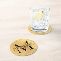 Monogram Name Faux Natural Wood Texture Round Paper Coaster