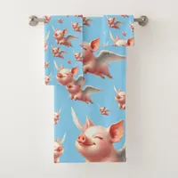 Cute Pigs Flying Blissfully in Sunny Blue Skies Bath Towel Set