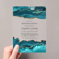 Faux Glitter Turquoise Gold Agate Rehearsal Dinner Acrylic Invitations