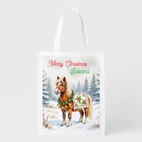 Shetland Pony and Holly Christmas Personalized Grocery Bag