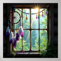 Pretty Boho Purple Dreamcatcher in Window   Poster