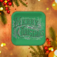 Merry Christmas - Vintage Style Black on Green | Paper Plates