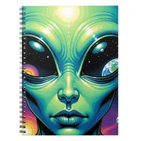 Alien Face with Planets Reflections in Eyes Notebook