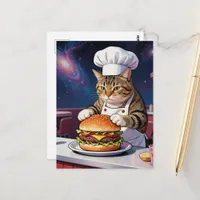 Cute Cat Chef Making CheeseBurger in Space Diner Postcard