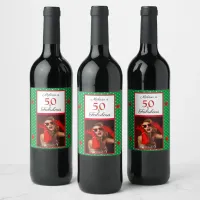 50 & Fabulous Photo Name Red 50th Birthday Green Wine Label