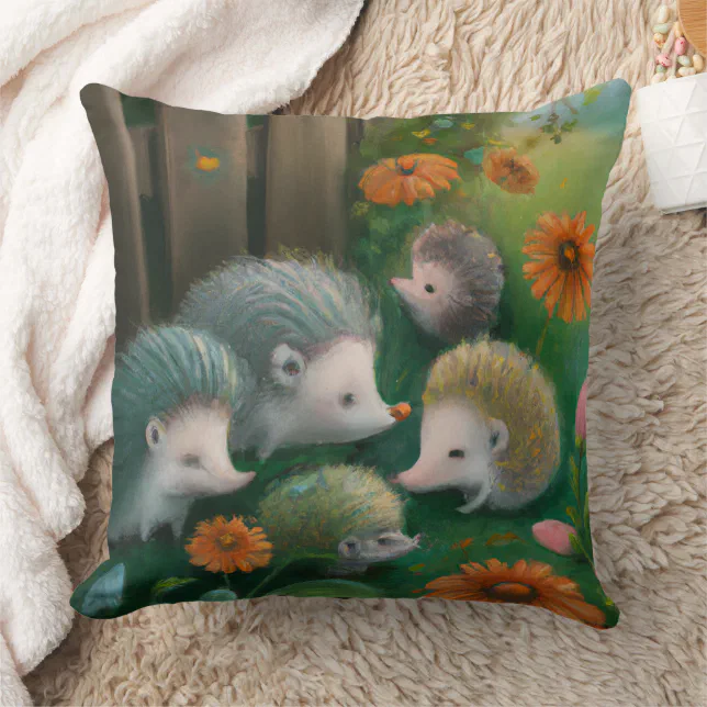 Whimsical Hedgehog Family Picnicking in the Garden Throw Pillow