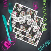 Sugar Skulls and Swirls Rose Black ID725 Napkins