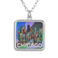 Pop art Comic Book Chicago, Illinois Skyline  Silver Plated Necklace