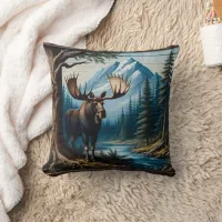 Moose by River With Mountains Behind Throw Pillow