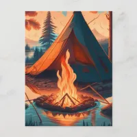 Tent and Campfire Vintage Colors Art Postcard