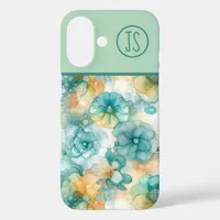 Teal and Yellow Flowers Alcohol Ink Monogrammed iPhone 16 Case