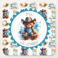 It's a Boy | Cowboy Teddy Bear Boy's Baby Shower Square Paper Coaster