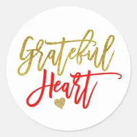 Grateful Heart Thanksgiving Red Gold script White Classic Round Sticker