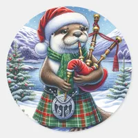 The Cute Scottish Christmas Otter  Classic Round Sticker