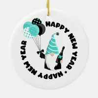 Teal and Black Gnome New Year Family Photo Ceramic Ornament