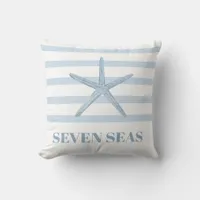 Light blue starfish stripes text coastal throw pillow