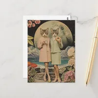 Funny Surreal pair of cat ladies breakfast collage Postcard