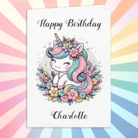 Personalized Unicorn and Flowers Girl's Birthday Card