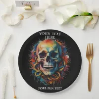 Skull Head with multi-colored Paint Splashes Paper Plates