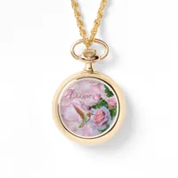 Hummingbird Pink Roses Personalized Necklace Watch