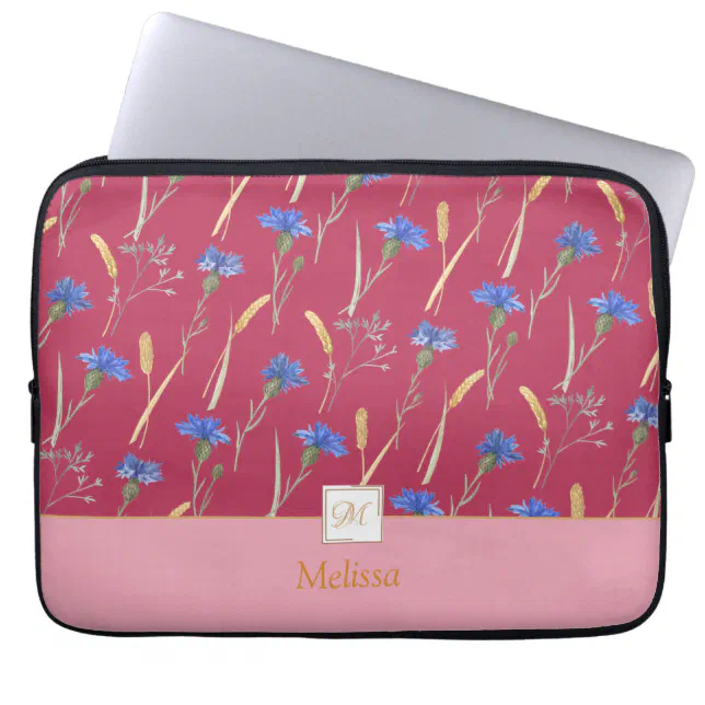 Red Floral Wildflower Monogram Laptop Sleeve