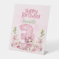 3 Year Old Birthday Party Kitten Theme  Pedestal Sign