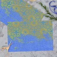 Blue Gold Distressed Damask Pattern Canvas Texture Tissue Paper