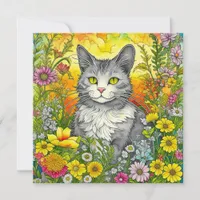 Whimsical Cat and Flowers 