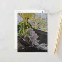 Leafy UFO Comes For Her Mixed Media Collage Postcard