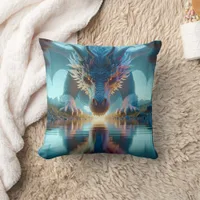 Mystical Blue Dragon Looking at Reflection in Wate Throw Pillow