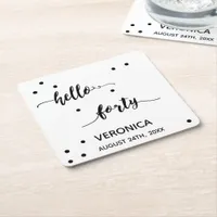 40th birthday black white hello forty monogram square paper coaster