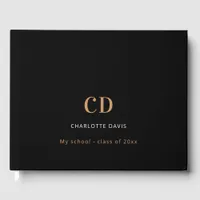 Black gold monogram name modern graduation guest book