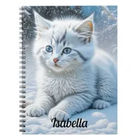 Cute White Cat Playing in the Snow Personalized Notebook