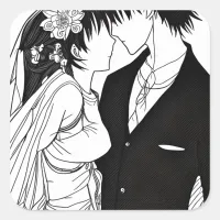 Black and White Anime Bride and Groom Wedding Square Sticker