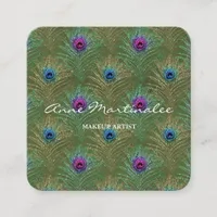 Makeup Artist Glitter Peacock Feathers Green Square Business Card