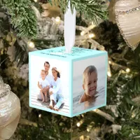 4 Photo Family Beach Christmas Aqua Blue Cube Ornament