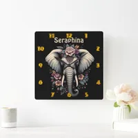 Floral dawn elephant art square wall clock