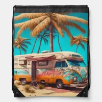 Retro RV and Palm Trees Drawstring Bag