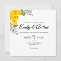 Yellow Rose Leaf Floral Watercolor Square Wedding Invitation