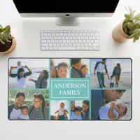 Family Name 8 Photo Collage Teal Desk Mat