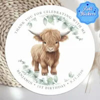 Highland Cow Greenery Farm Animals Kids Birthday  Classic Round Sticker