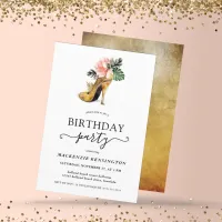 Elegant Gold Tropical Floral Gold Heels Birthday Invitation