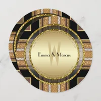 V1 Art Deco Gold Glitter Round Wedding Invitation