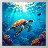 Sea Turtle Vibrant Colorful Underwater Scene Poster