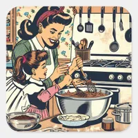 Cute Retro Mom and Daughter Baking Together Square Sticker